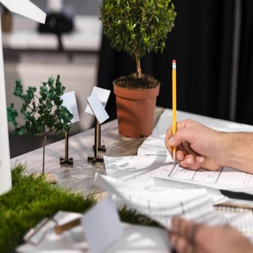 Mão de um homem branco escrevendo em um documento sob uma mesa de madeira ao lado de miniaturas de plantas de plástico
